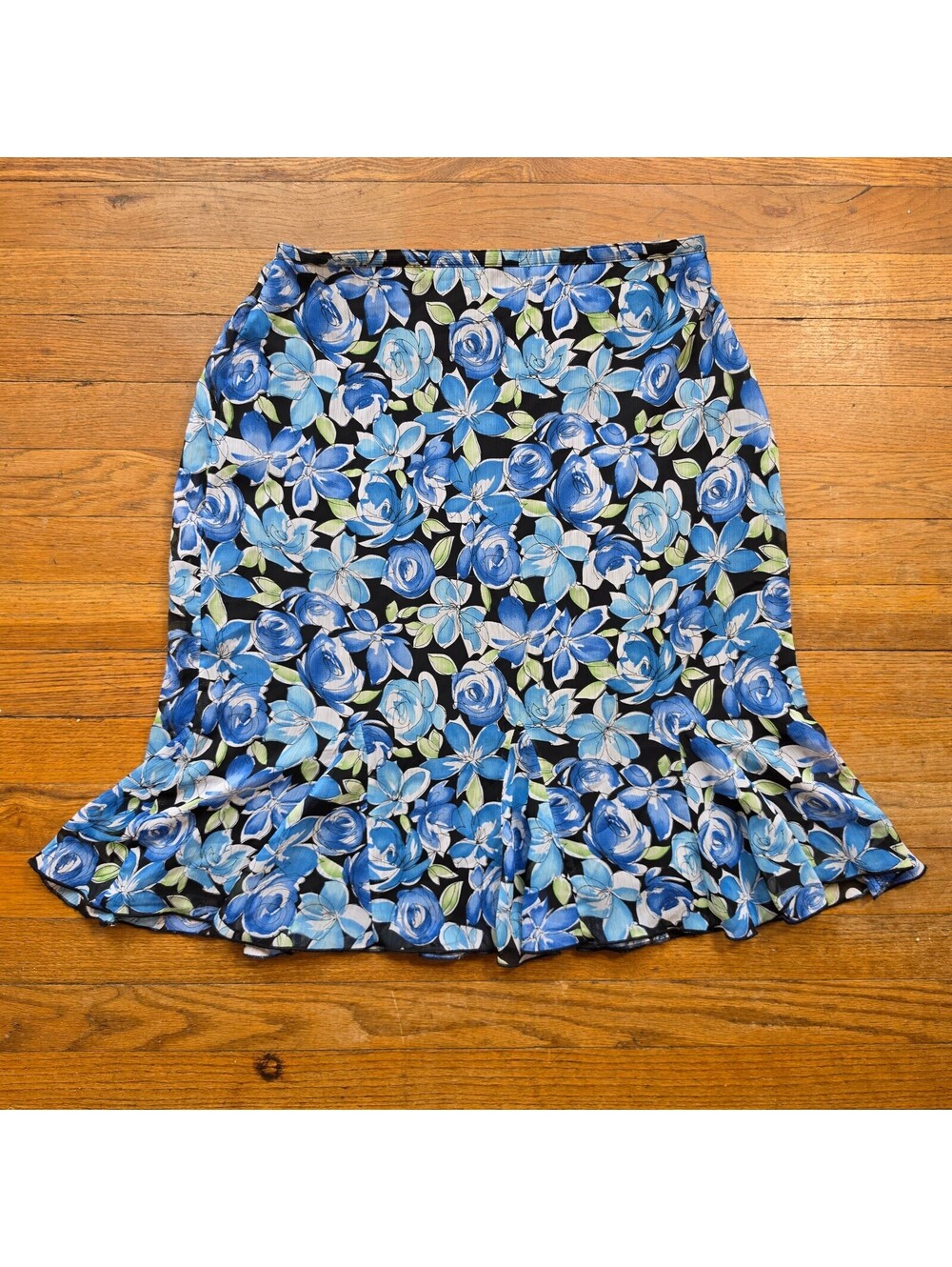 Dressbarn Medium Blue Floral Print Skirt with Ruffle Hem